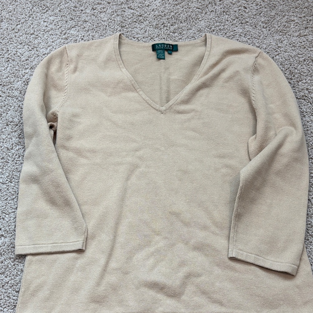 Lauren Ralph Lauren Tan V-Neck Sweater | 3/4 Sleeve | Minimalist Classic Neutral
